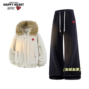 子 毛领保暖棉服加厚加绒直筒运动卫裤 查尔斯桃心休闲套装 男女冬季