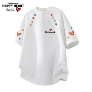 花卉蝴蝶印花解构情侣上衣 T恤男夏季 查尔斯桃心2026新款 圆领短袖