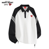 衬衫 查尔斯桃心 领爱心刺绣宽松条纹内搭 polo衫 春秋季 美式 插肩袖