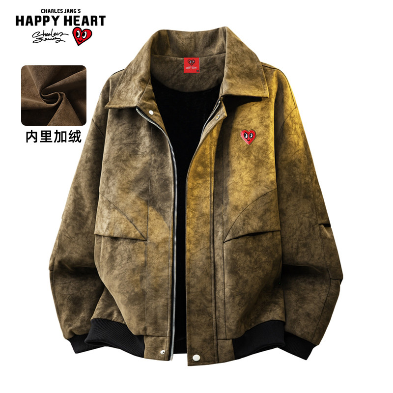 查尔斯桃心 复古绒感皮衣夹克男秋冬季加绒加厚翻领拼接休闲外套