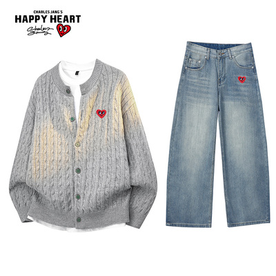 查尔斯桃心复古开衫毛衣套装男