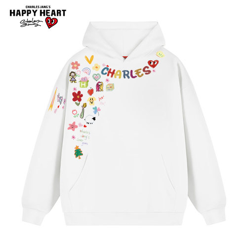 查尔斯桃心卡通涂鸦连帽卫衣男