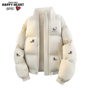 查尔斯桃心美式腊肠狗印花立领pu皮棉服男女冬季加厚高街情侣外套