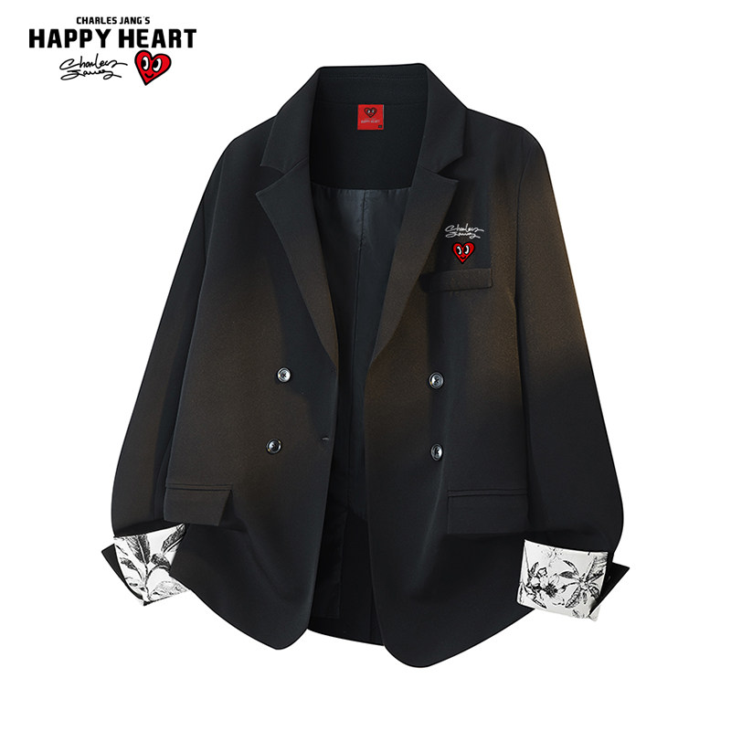 查尔斯桃心翻袖口休闲西装外套男秋季宽松休闲百搭设计感夹克上衣