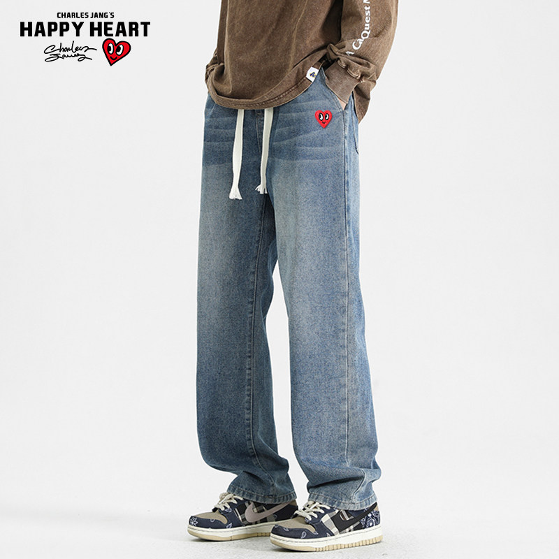 查尔斯桃心 水洗磨白牛仔裤男2026年夏季宽松直筒耐磨抽绳长裤子
