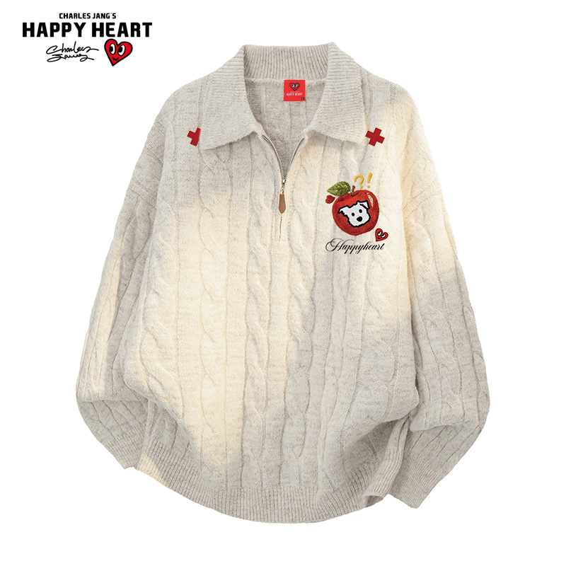 查尔斯桃心复古半拉链毛衣男翻领