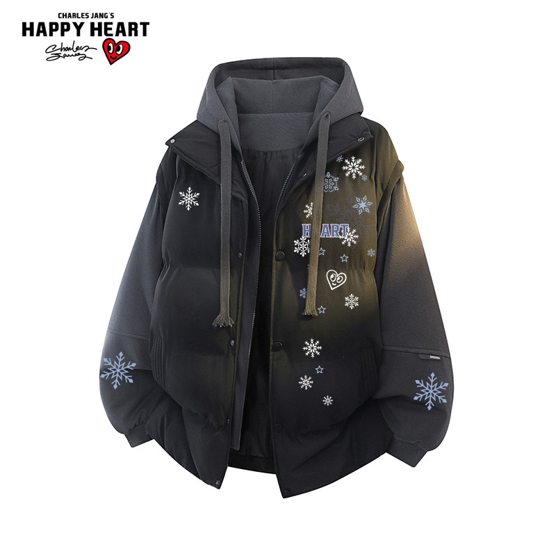 查尔斯桃心雪花印花假两件棉服新款冬季宽松加厚保暖情侣潮牌外套,男装,棉衣,淘宝优惠券,粉丝福利购,淘宝优惠卷