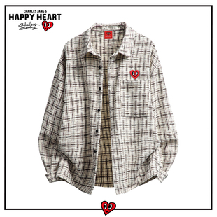 查尔斯桃心小香风磨毛格子长袖衬衫男女春秋宽松休闲情侣衬衣外套