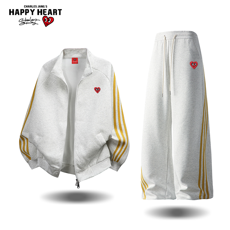 查尔斯桃心美式条纹撞色运动套装男春秋季开衫卫衣直筒长裤两件套