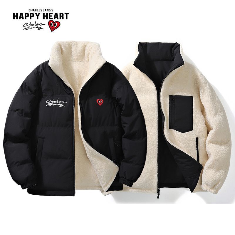 查尔斯桃心双面穿羊羔绒棉衣连帽