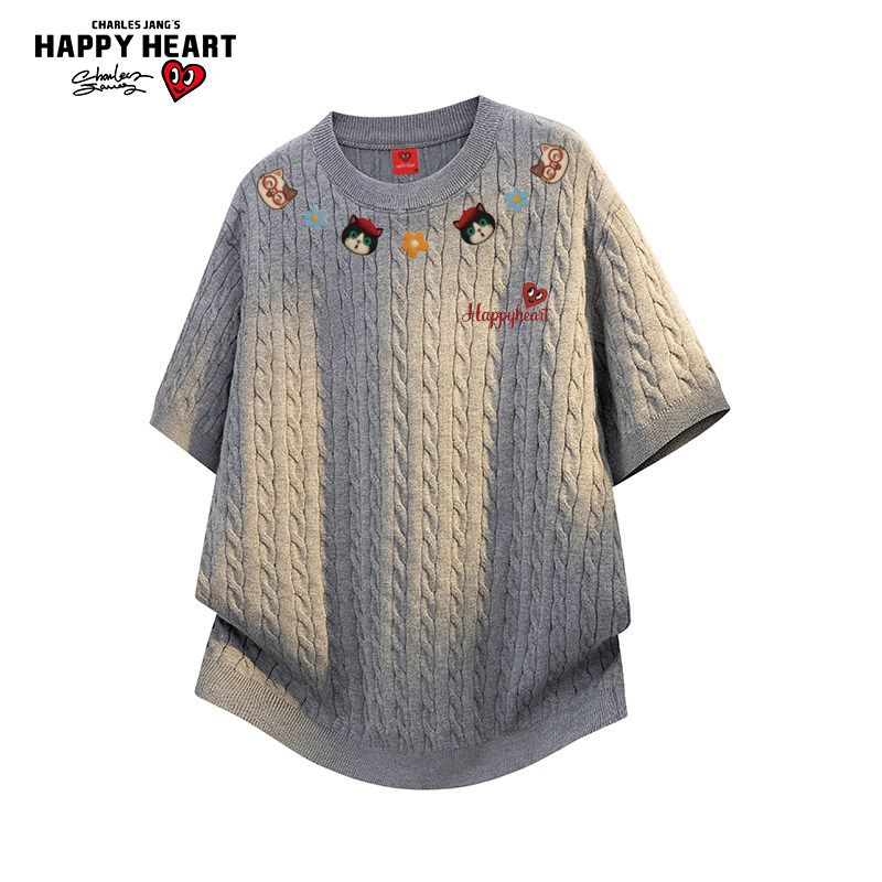 查尔斯桃心针织麻花上衣男女夏季2026新款休闲小猫印花短袖T恤潮