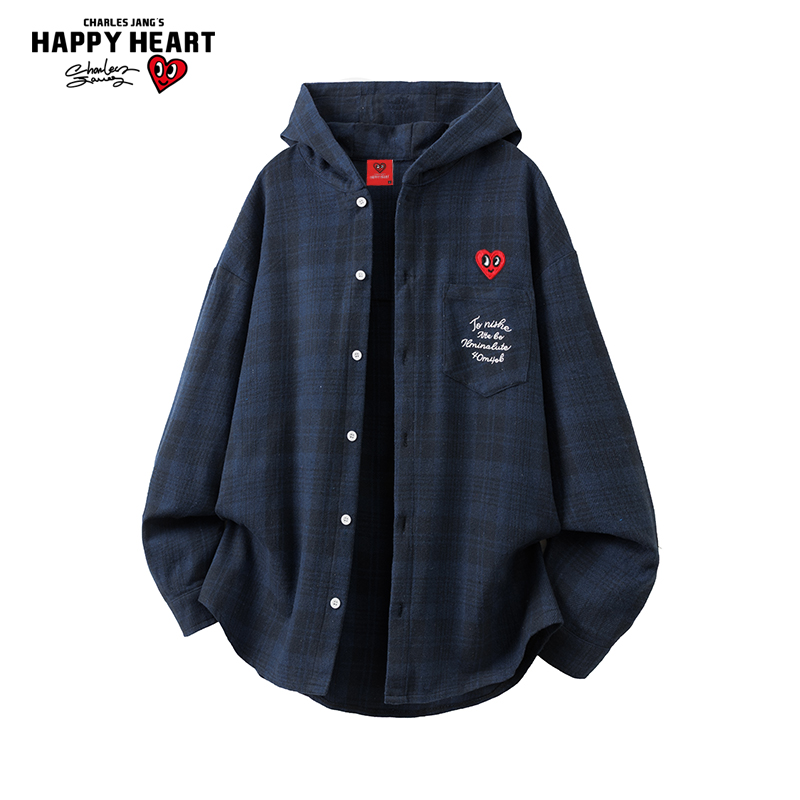 查尔斯桃心美式复古连帽格子长袖衬衫男宽松情侣衬衣休闲百搭外套