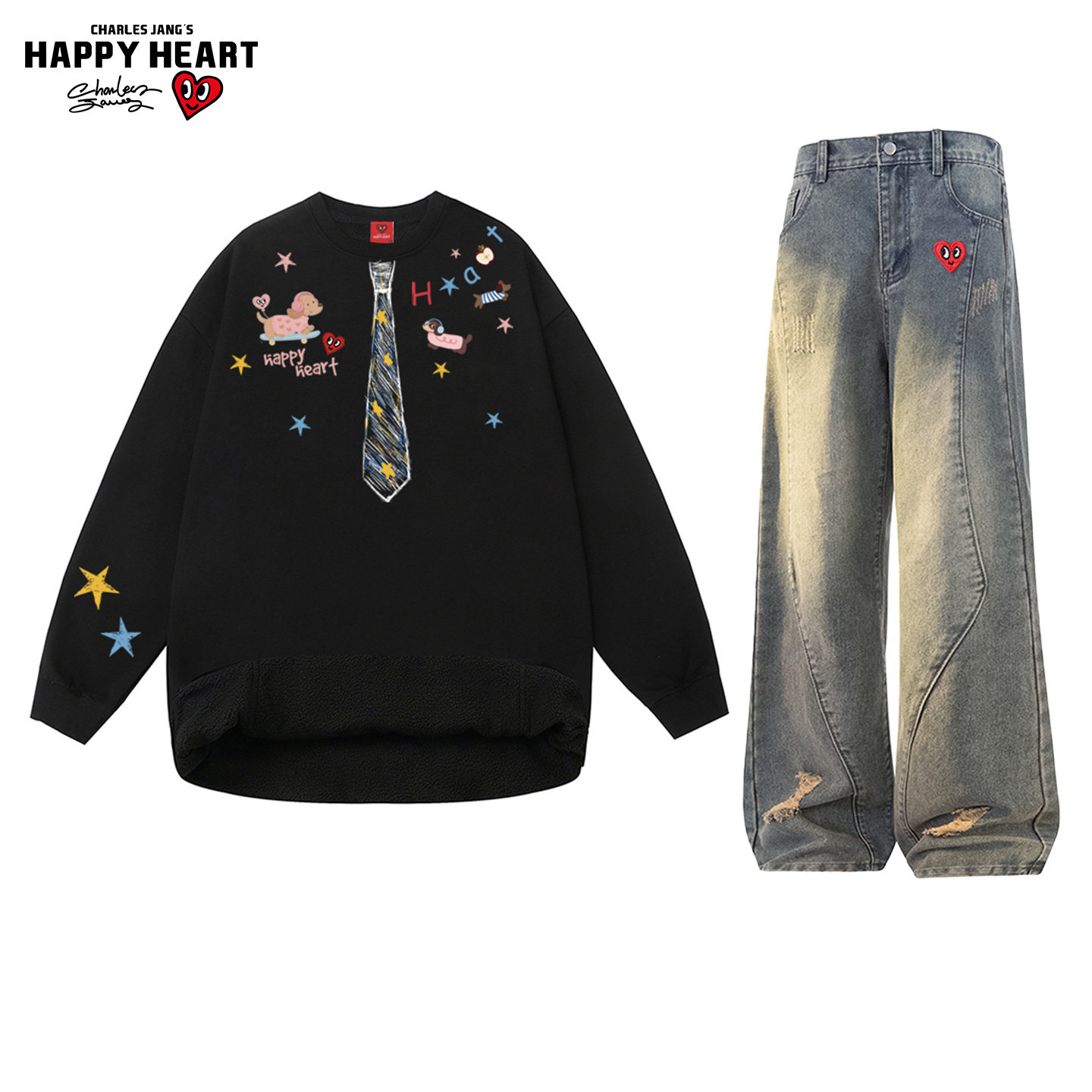 查尔斯桃心休闲套装男女冬季加绒圆领卫衣复古牛仔长裤子两件装潮,男装,休闲运动套装,淘宝优惠券,粉丝福利购,淘宝优惠卷