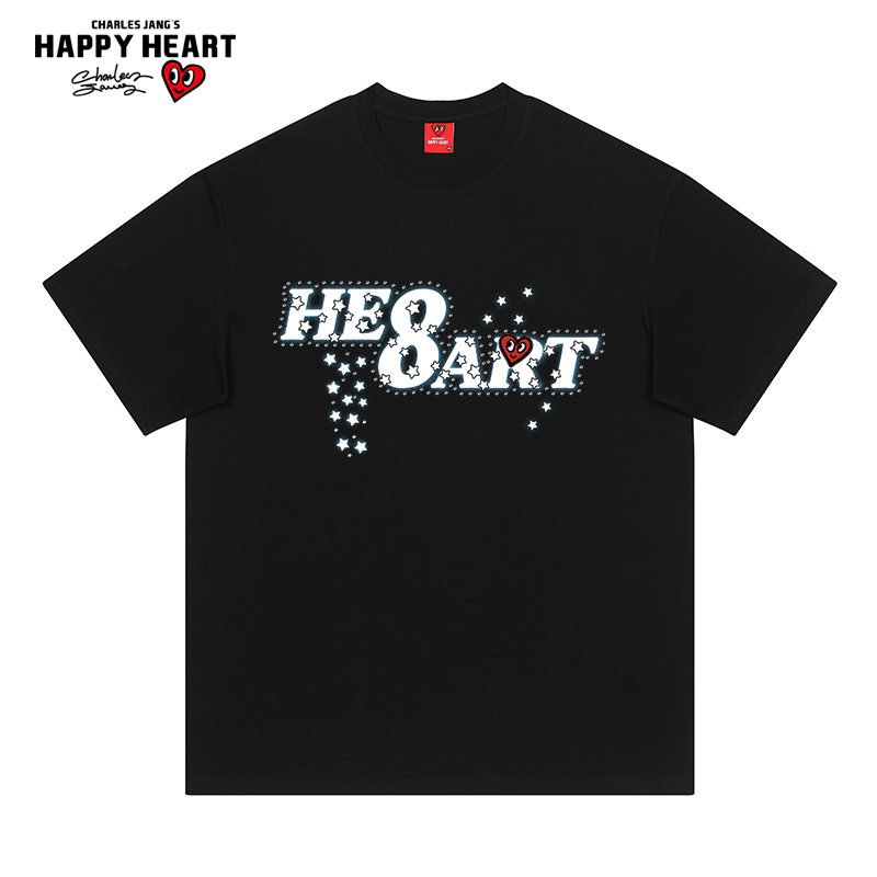 查尔斯桃心 美式闪星字母印花短袖t恤男夏季正肩纯棉潮牌国潮上衣