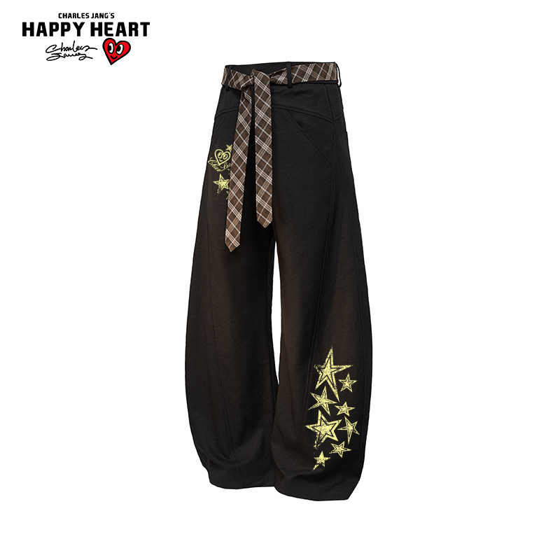 查尔斯桃心星星印花直筒弯刀裤男女春秋季2026新款百搭休闲长裤子