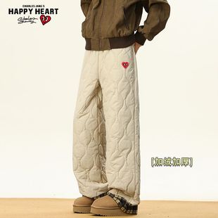 宽松情侣直筒裤 新款 子男女冬季 查尔斯桃心保暖加绒加厚格子休闲裤
