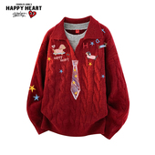 慵懒宽松针织衫 查尔斯桃心涂鸦领带假两件红色毛衣男冬季 新款 上衣