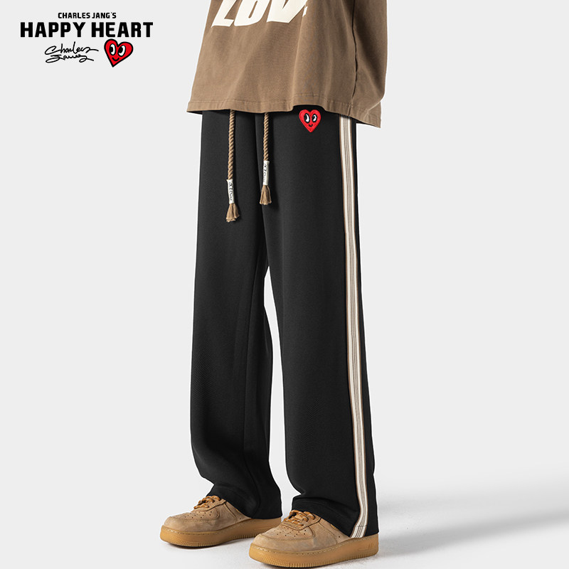 查尔斯桃心 侧边织带休闲裤子男款春秋冬季宽松直筒加绒加厚长裤