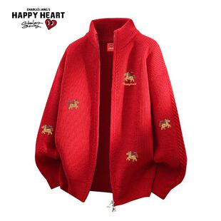 查尔斯桃心冬季马年红色圣诞卡通印花慵懒百搭针织领开衫毛衣外套