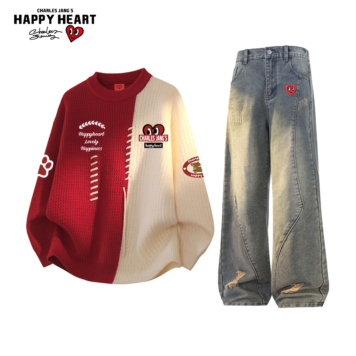 查尔斯桃心休闲套装男女冬季撞色拼接圆领毛衣牛仔长裤子两件装潮