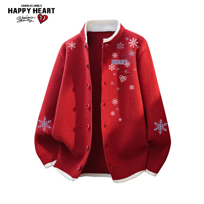 查尔斯桃心雪花印花针织衫毛衣冬季新款男女宽松休闲开衫红色外套