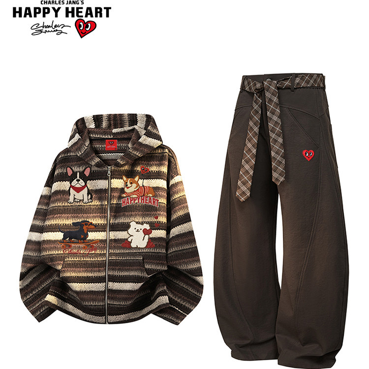 查尔斯桃心条纹休闲开衫卫衣男女套装秋冬季宽松直筒情侣长裤子潮