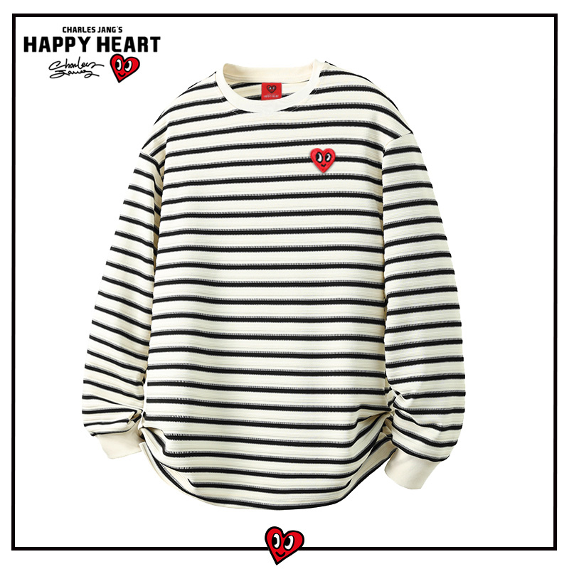 查尔斯桃心条纹长袖T恤男春秋季宽松休闲百搭情侣圆领卫衣上衣ins