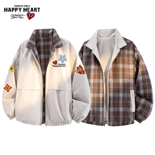 查尔斯桃心格纹花卉印花立领夹克男春秋季新款潮牌翻领教练服外套