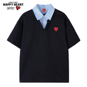 查尔斯桃心 男女款 Polo衫 T恤潮 休闲情侣装 美式 夏季 假两件拼接短袖