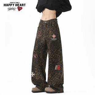 查尔斯桃心美式徽章印花潮牌豹纹牛仔裤男女春秋季阔腿休闲长裤子