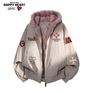 查尔斯桃心座山雕连帽毛领棉服男女冬季 情侣外套棉袄衣服 痞帅新款