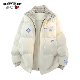 查尔斯桃心美式雪花格子假两件棉服冬季加厚保暖面包情侣棉衣外套