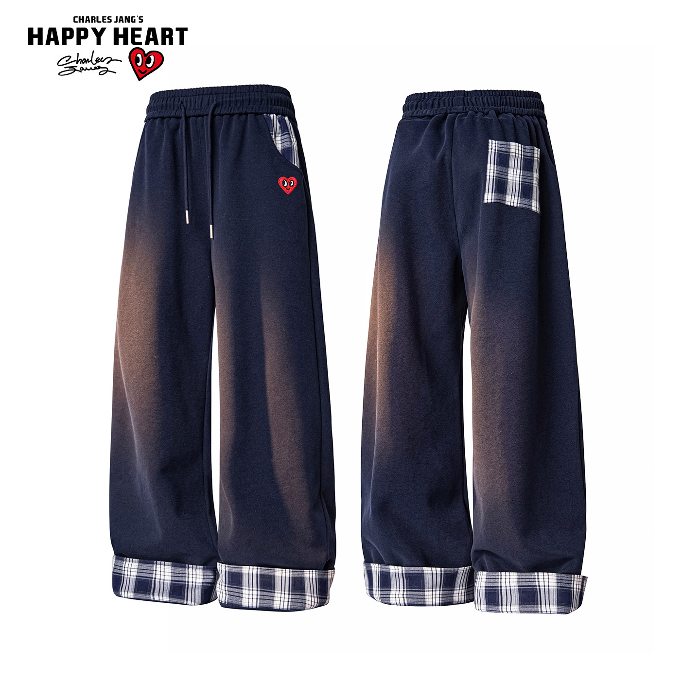 查尔斯桃心拼接格纹休闲裤男女春秋直筒拖地裤子高级感百搭长裤潮