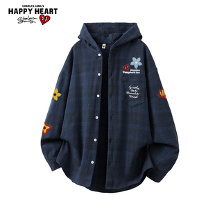 查尔斯桃心蝴蝶花卉印花格子长袖衬衫男女春秋季新款连帽衬衣外套