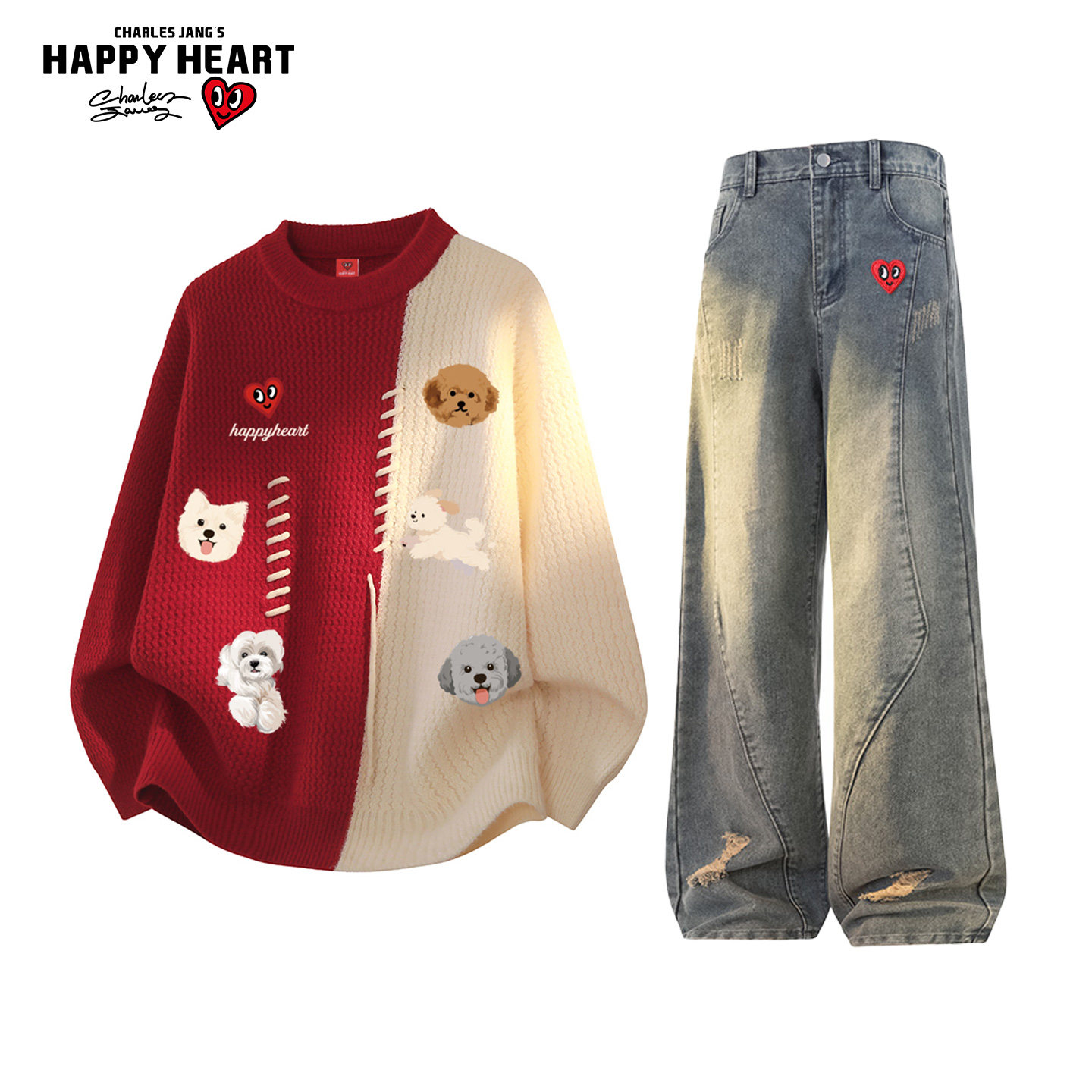 查尔斯桃心休闲套装男女冬季设计感圆领毛衣牛仔直筒长裤子两件装