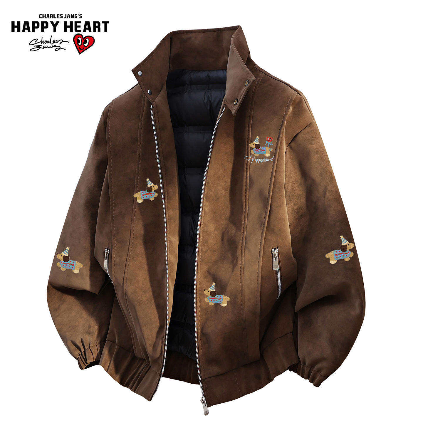 查尔斯桃心美式立领PU皮羽绒服