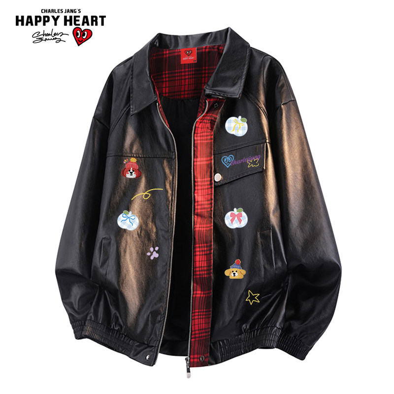 查尔斯桃心 美式复古格子PU皮夹克男款春秋季翻领防风机车服外套