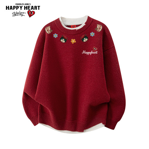 查尔斯桃心小猫印花毛衣男女冬季新款宽松休