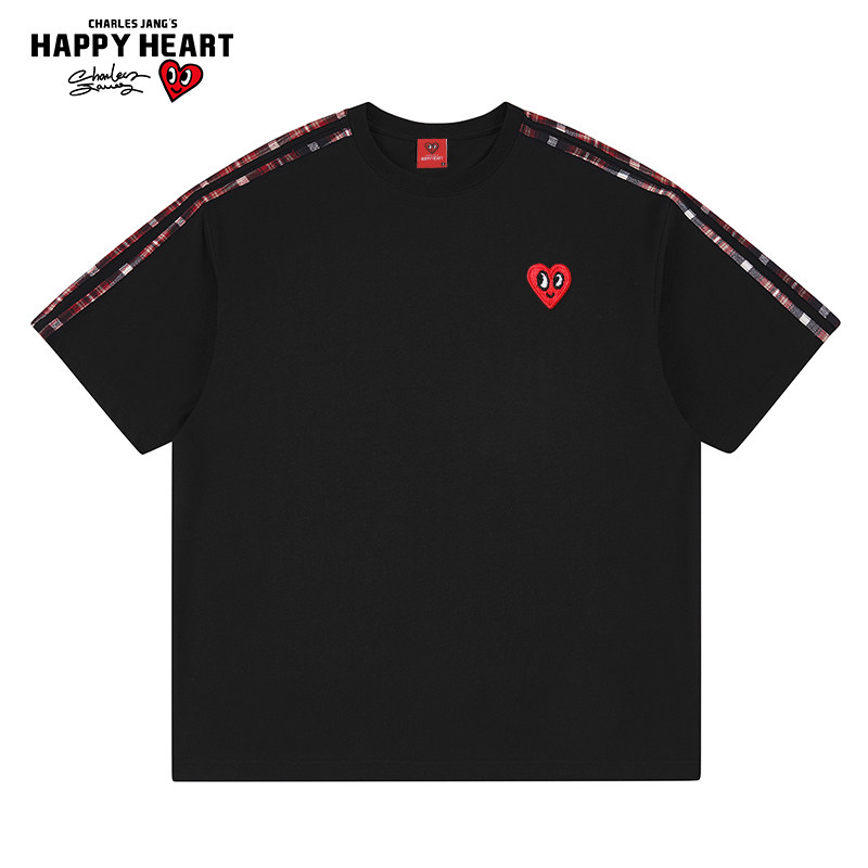 查尔斯桃心 美式复古圆领短袖t恤男夏季纯棉宽松条纹爱心刺绣情侣
