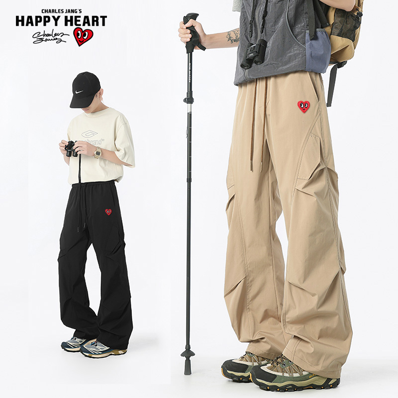 查尔斯桃心 美式高街褶皱设计工装裤男夏季薄款直筒运动休闲长裤