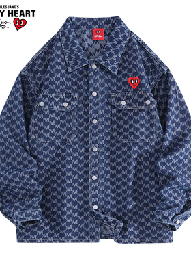 查尔斯桃心 美式复古满印提花纹夹克男嘻哈高街设计情侣牛仔外套