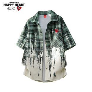 查尔斯桃心短袖扎染衬衫男女夏季2026新款宽松休闲情侣衬衣外套潮