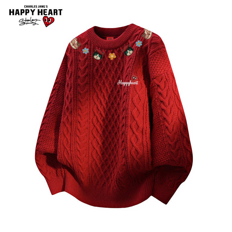 查尔斯桃心小猫印花圆领麻花红色毛衣男女冬季新款慵懒情侣针织衫