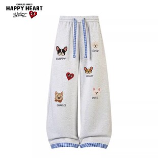 查尔斯桃心美式格纹小狗印花裤子男潮牌宽松阔腿直筒垂感休闲长裤