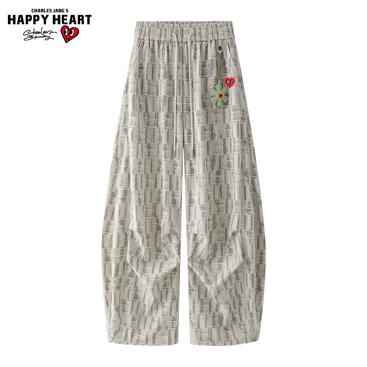 查尔斯桃心小香风编织纹裤子男女款春秋冬季加绒宽松阔腿弯刀长裤