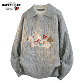 查尔斯桃心翻领假两件毛衣男冬季 麻花条纹小马印花撞色针织衫 上衣