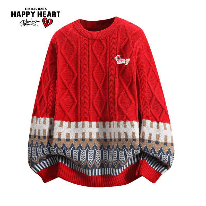 查尔斯桃心新年春节喜庆腊肠狗拼接民族风麻花纹理针织圆领毛衣男