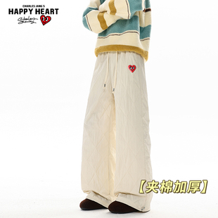 纯色抽绳爱心保暖直筒休闲长裤 子男秋冬季 夹棉加厚裤 查尔斯桃心