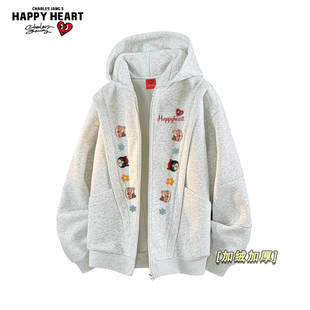 查尔斯桃心小猫印花加绒加厚休闲卫衣冬季新款男女宽松开衫外套潮