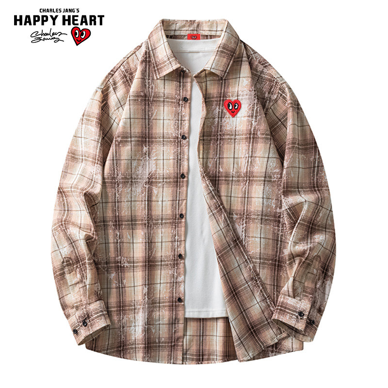 查尔斯桃心 美式条纹格子长袖衬衫男2026翻领宽松休闲单排扣外套